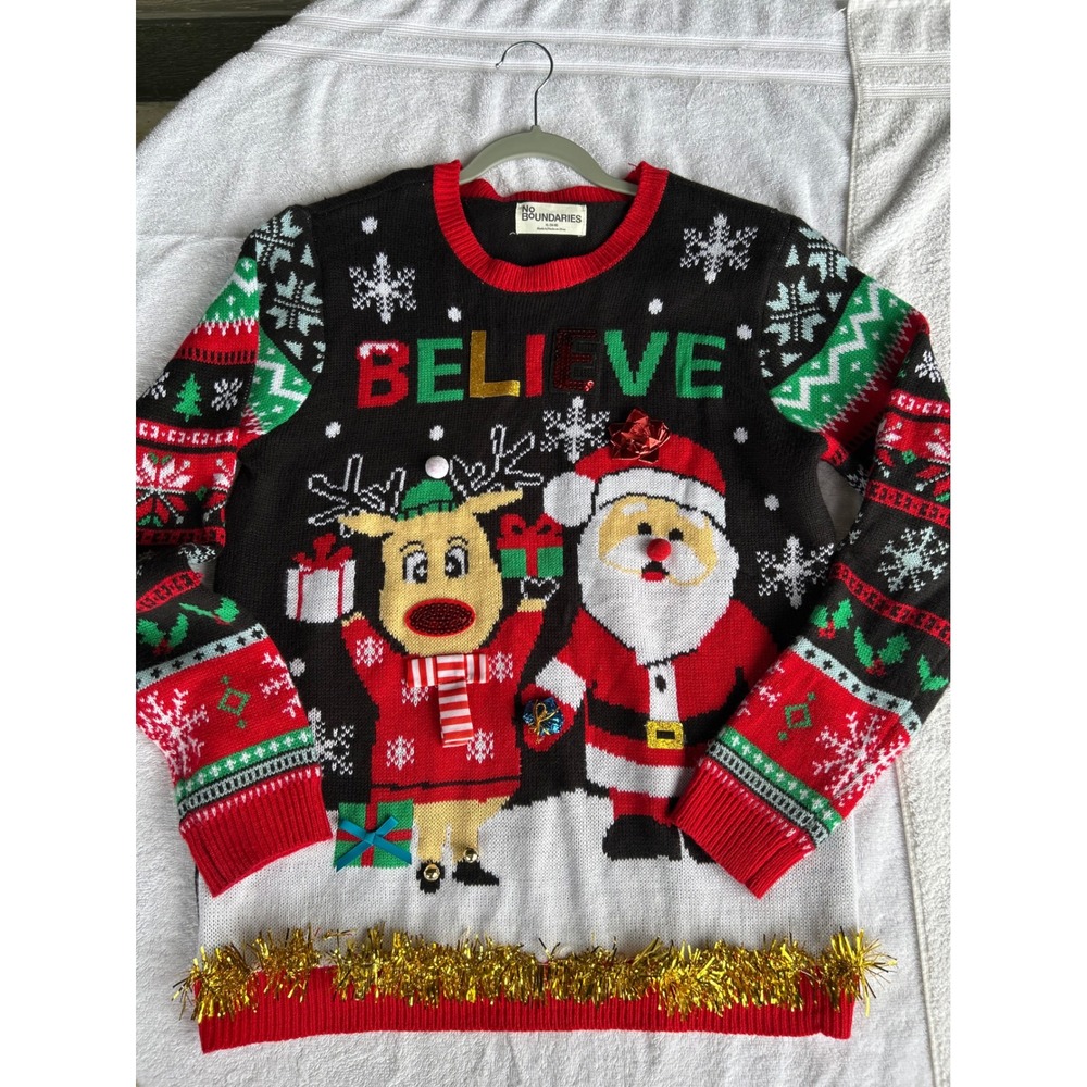No Boundaries Believe Santa Reindeer Ugly Christmas Sweater Womens XL 16-18
